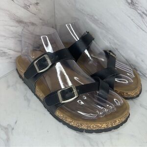 Double Strap Criss Cross Toe Sandals - Cork Style - Black - Size 7